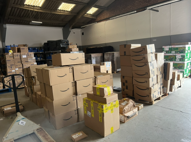 Stacked cartons in our current facility